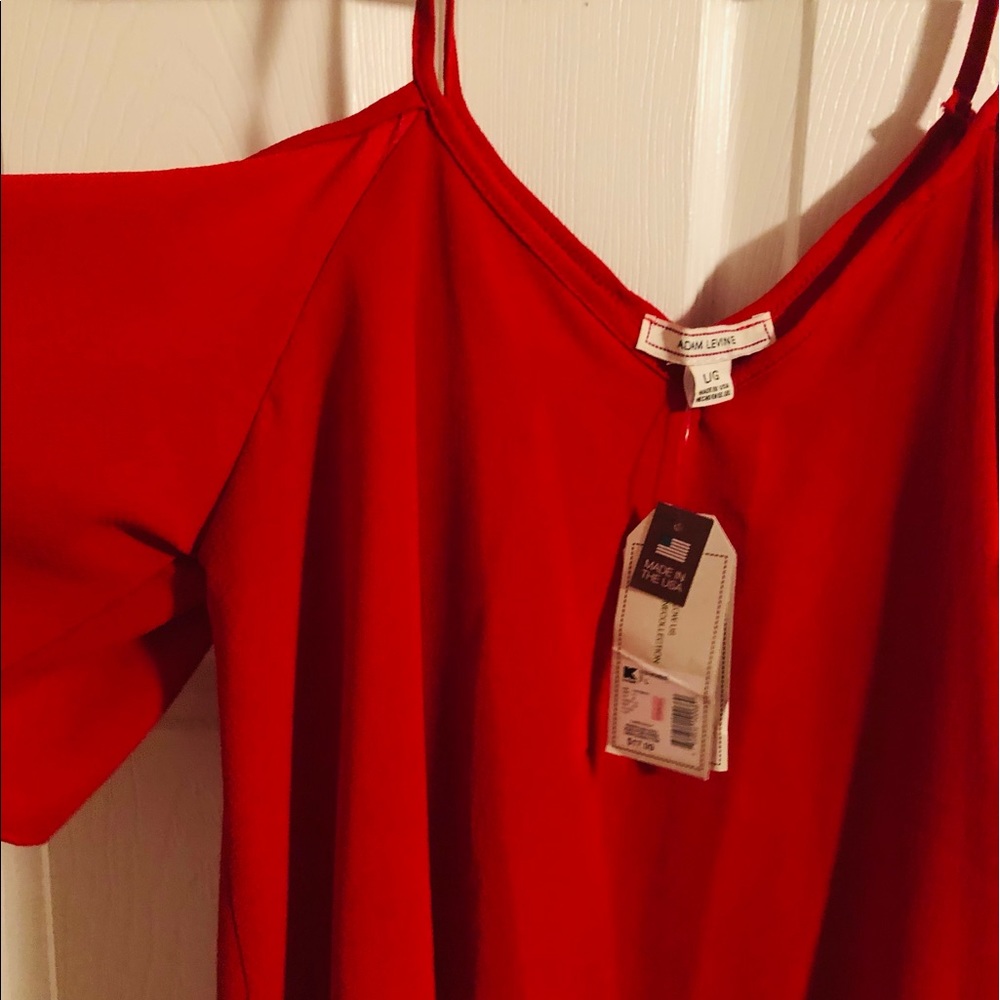 Red off the shoulder float Adam Levine top